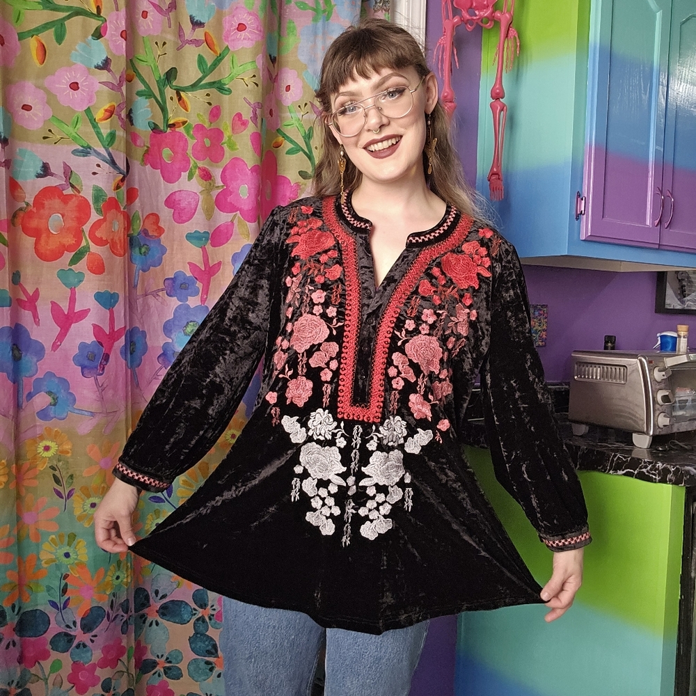 Coin Gypsy Black Velvet Bohemian Red Floral Embroidery Tunic Blouse